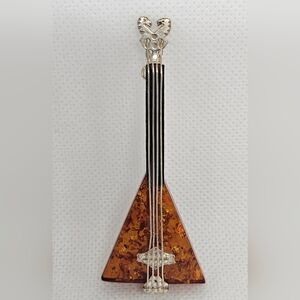 Vintage Sterling Silver 925 Amber   Guitar Brooch Pin Jewelry
